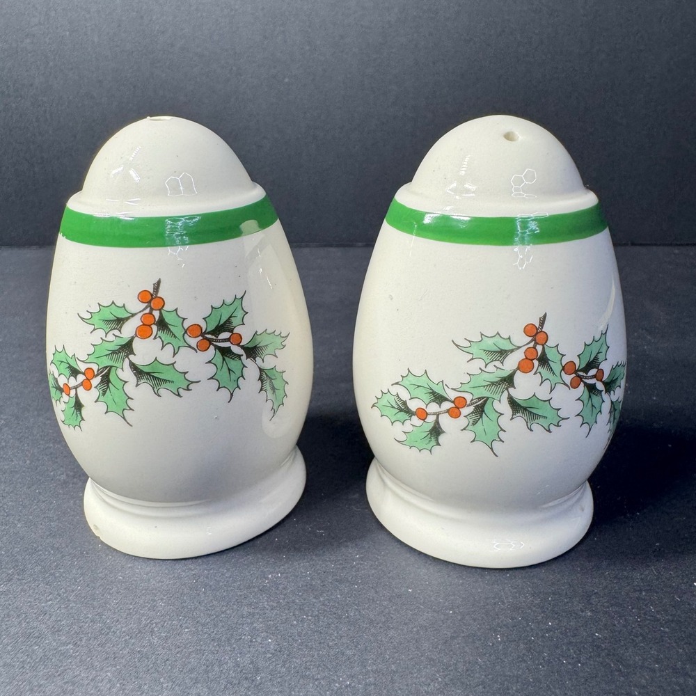 Spode Christmas Tree Holly Mistletoe Salt and Pepper Shakers Set England Vintage